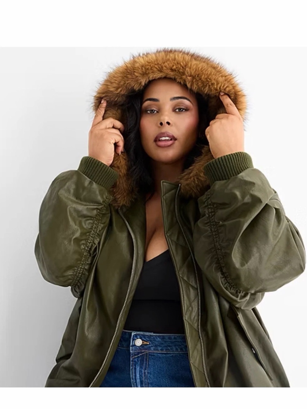 Ashley Graham Olive Faux Leather Bomber with Faux-Fur Hood